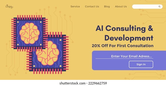 Obtén descuentos en tu primera consultoría y desarrollo de IA. Sistemas de inteligencia artificial y aplicación para el crecimiento de su negocio. Plantilla de página de inicio del sitio web, sitio de Internet. Vector de estilo plano