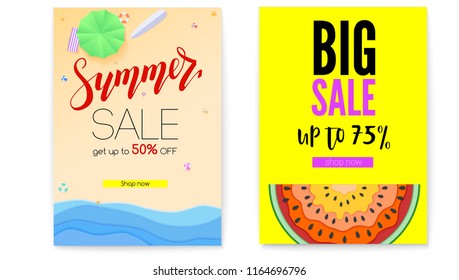 Get up discount, summer offer for shopping. Set of posters, summer sale offer. Big sale, bright banner with half past of watermelon. Seashore, sandy beach with deckchairs, sun umbrellas