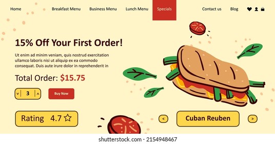 Get discounts and 15 percent off price for your first order in fast food bistro, restaurant or shop. Burger or snack, sandwich with meat and cheese. Website landing page template, vector in flat style