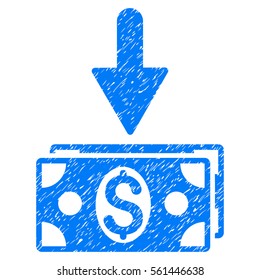 Get Dollar Banknotes grainy textured icon for overlay watermark stamps. Flat symbol with dirty texture. Dotted vector blue ink rubber seal stamp with grunge design on a white background.