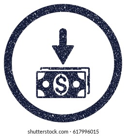 Get Dollar Banknotes grainy textured icon inside circle for overlay watermark stamps. Flat symbol with scratched texture. Circled vector indigo blue rubber seal stamp with grunge design.