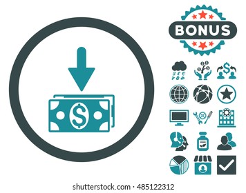 Get Dollar Banknotes icon with bonus pictogram. Vector illustration style is flat iconic bicolor symbols, soft blue colors, white background.
