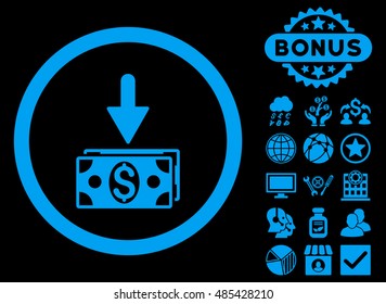 Get Dollar Banknotes icon with bonus pictures. Vector illustration style is flat iconic symbols, blue color, black background.