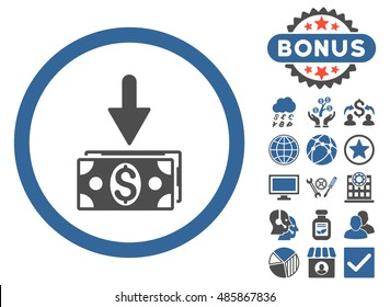 Get Dollar Banknotes icon with bonus elements. Vector illustration style is flat iconic bicolor symbols, cobalt and gray colors, white background.
