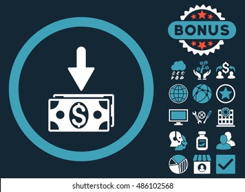 Get Dollar Banknotes icon with bonus symbols. Vector illustration style is flat iconic bicolor symbols, blue and white colors, dark blue background.