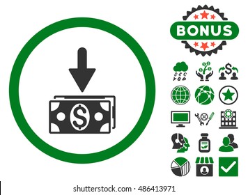 Get Dollar Banknotes icon with bonus elements. Vector illustration style is flat iconic bicolor symbols, green and gray colors, white background.