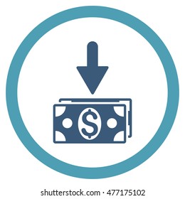 Get Dollar Banknotes vector bicolor rounded icon. Image style is a flat icon symbol inside a circle, cyan and blue colors, white background.