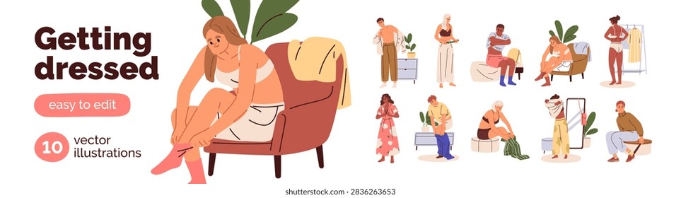 Get dressed, wear routine. Man and woman dressing, putting on and off shirt, socks, shoes, clothes. Getting ready and undressing routine. Flat cartoon vector illustrations isolated on white