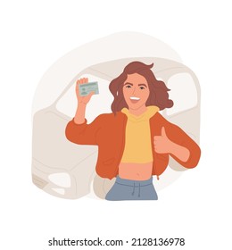 Get a driving license isolated cartoon vector illustration. Happy girl holding driving license card, passing test, teen proud of getting permission to drive a car, document vector cartoon.