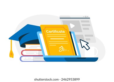 get e certificate from the online learning platform concept illustration flat design. simple modern graphic element for landing page ui, infographic, icon