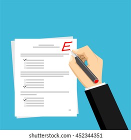 Get E for the exam. Checking in the answer of final exam concept. Score of test concept illustration. 