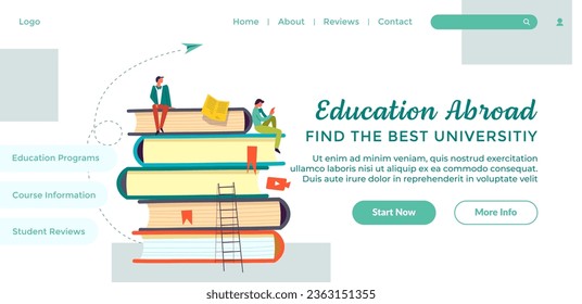 Get education abroad and find best university for learning new disciplines and courses, choose your program and study online. Website landing page template, internet site. Vector in flat style