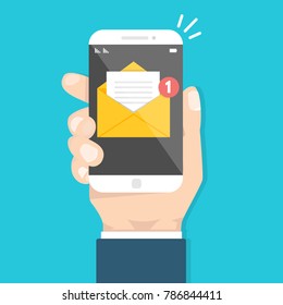 Get email concept. Hand holding smartphone with notification. Vector illustration.