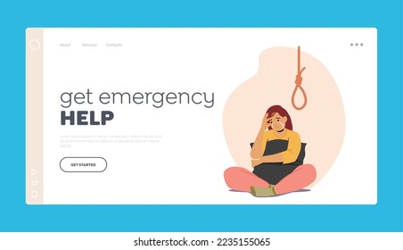 Obtener la plantilla de la página de inicio de la ayuda de emergencia. Depresión, Enfermedades Mentales, Concepto De Problemas De Salud Mental. Mujer infeliz sentada en el suelo con almohada en manos pensando en el suicidio. Ilustración del vector de dibujos animados
