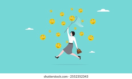 get enjoy and happy in work, work according to passion. looking for happiness in the work concept illustration, businesswoman catch smiling face with butterfly net metaphor of happiness illustration