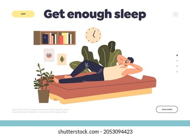 Get enough sleep concept of landing page with man napping on coach. Male daydreaming in bedroom. Healthy sleep and comfortable bed. Cartoon flat vector illustration