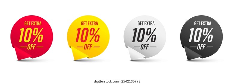 Obtenga un 10% adicional de descuento en la señal de venta. Insignia de promoción. Muestra de Precio de oferta de descuento. Mensaje de descuento extra. Etiqueta promocional para compras, marketing, publicidad, Anuncio y Web. Ilustración vectorial.