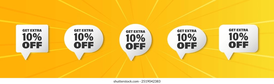 Ganhe 10% extra de desconto. balões de fala de bate-papo 3d ajustados. Sinal de preço de oferta de desconto. Símbolo de oferta especial. Economize 10 porcentagens. Mensagem de fala com desconto extra.