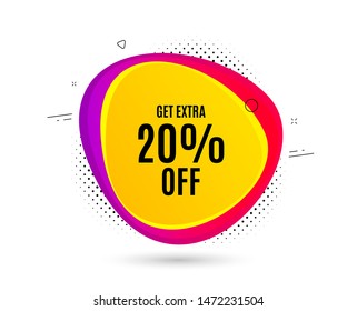 Get Extra 20% off Sale. Banner text shape. Discount offer price sign. Special offer symbol. Save 20 percentages. Geometric vector banner. Extra discount text. Gradient shape badge. Vector