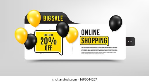 Obtenga un 20% extra de ventas. Cartel de venta con globos. Indicador de precio de oferta de descuento. Símbolo de oferta especial. Ahorre 20 por ciento. megáfono de burbuja de discursos. Banner de compras en línea con globos. Vector