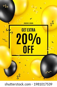 Get Extra 20 percent off Sale. Balloon celebrate background. Discount offer price sign. Special offer symbol. Save 20 percentages. Birthday balloon background. Celebrate yellow banner. Vector