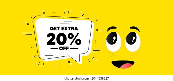 Get Extra 20 percent off Sale. Cartoon face chat bubble background. Discount offer price sign. Special offer symbol. Save 20 percentages. Extra discount chat message. Vector
