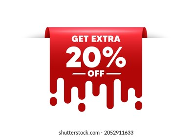 Get Extra 20 percent off Sale. Red ribbon tag banner. Discount offer price sign. Special offer symbol. Save 20 percentages. Extra discount sticker ribbon badge banner. Red sale label. Vector