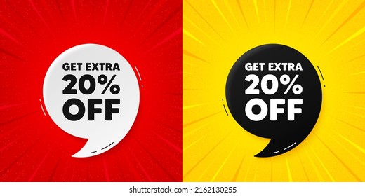 Get Extra 20 percent off Sale. Flash offer banner with quote. Discount offer price sign. Special offer symbol. Save 20 percentages. Starburst beam banner. Extra discount speech bubble. Vector