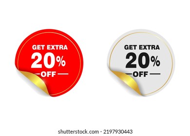 Get Extra 20 percent off Sale. Round sticker badge with offer. Discount offer price sign. Special offer symbol. Save 20 percentages. Paper label banner. Extra discount adhesive tag. Vector