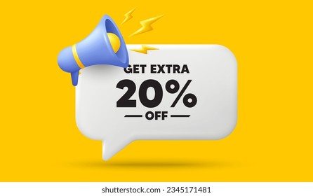 Obtén un 20% extra de la venta. Banner de burbuja de discursos 3d con megáfono. Signo de precio de oferta de descuento. Símbolo de oferta especial. Ahorra 20 por ciento. Mensaje de discurso de chat con descuento adicional. Vector