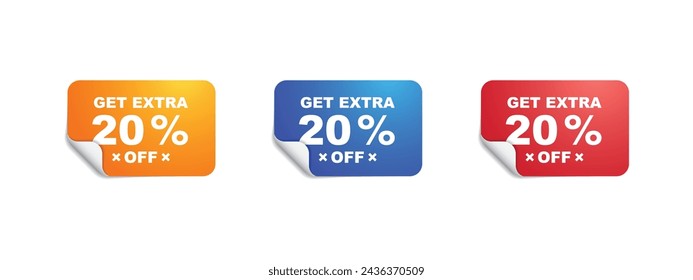 Get extra 20 percent off your purchase, square sticker with offer, set of colorful square advertising stickers, with save 20 percent, vector illustration.