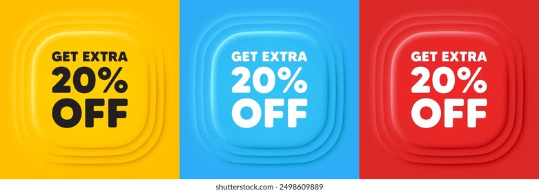 Get Extra 20 percent off Sale. Neumorphic offer banners. Discount offer price sign. Special offer symbol. Save 20 percentages. Extra discount podium background. Product infographics. Vector