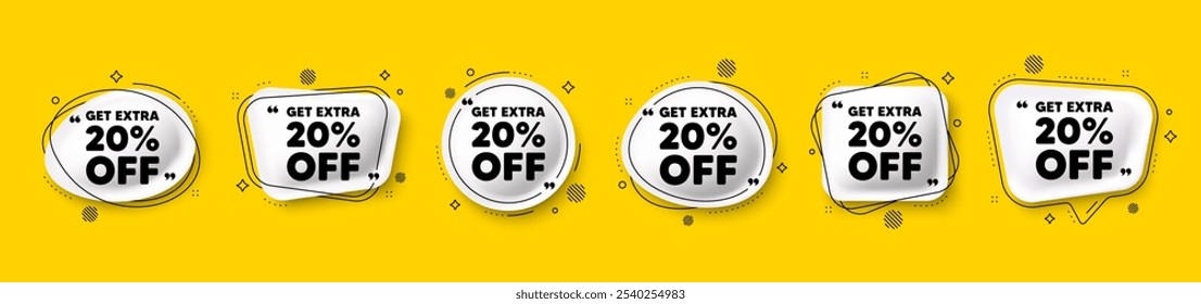 Get Extra 20 percent off Sale. Speech bubble 3d icons set. Discount offer price sign. Special offer symbol. Save 20 percentages. Extra discount chat talk message. Vector