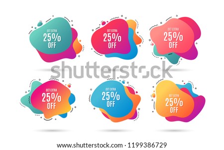 Get Extra 25% off Sale. Discount offer price sign. Special offer symbol. Save 25 percentages. Abstract dynamic shapes with icons. Gradient banners. Liquid  abstract shapes. Vector