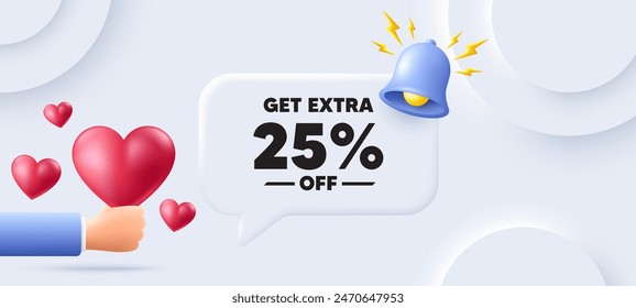 Consiga un 25% de descuento adicional en ventas. Fondo neumórfico con burbuja de habla. Precio de oferta de descuento. Símbolo de oferta especial. Guardar 25 porcentajes. Mensaje de discurso de descuento adicional. Vector
