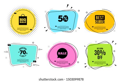 Get Extra 30% off Sale. Best seller, quote text. Discount offer price sign. Special offer symbol. Save 30 percentages. Quotation bubble. Banner badge, texting quote boxes. Extra discount text. Vector