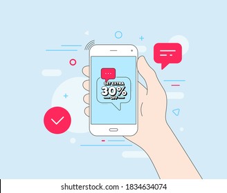 Get Extra 30% off Sale. Mobile phone with offer message. Discount offer price sign. Special offer symbol. Save 30 percentages. Customer service banner. Extra discount badge shape. Vector