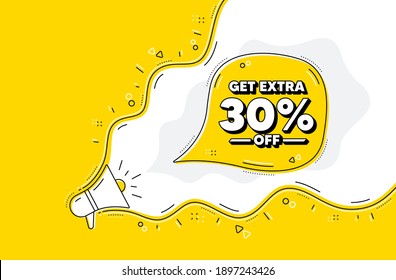 Get Extra 30 percent off Sale. Loudspeaker alert message. Discount offer price sign. Special offer symbol. Save 30 percentages. Yellow background with megaphone. Announce promotion offer. Vector