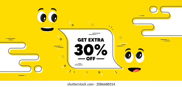 Obtén un 30% extra en la venta. Caricatura frente al fondo de la burbuja de chat. Signo de precio de oferta de descuento. Símbolo de oferta especial. Ahorra 30 por ciento. Mensaje de chat con descuento adicional. Cara de sonrisa de carácter. Vector