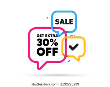 Obtén un 30% extra de la venta. Banner de chat de burbuja de cinta de opciones. Cupón de oferta de descuento. Signo de precio de oferta de descuento. Símbolo de oferta especial. Ahorra 30 por ciento. Etiqueta adhesiva de descuento adicional. Cartel de promoción. Vector