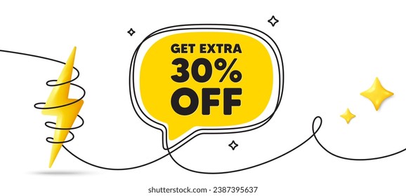 Obtén un 30% extra en la venta. Banner continuo de arte en línea. Signo de precio de oferta de descuento. Símbolo de oferta especial. Ahorra 30 por ciento. Fondo de burbuja de habla con descuento adicional. Icono de energía 3d envuelto. Vector