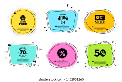 Get Extra 40% off Sale. Best seller, quote text. Discount offer price sign. Special offer symbol. Save 40 percentages. Quotation bubble. Banner badge, texting quote boxes. Extra discount text. Vector