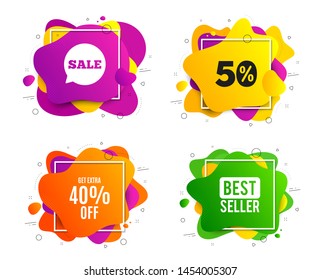 Get Extra 40% off Sale. Liquid shape, various colors. Discount offer price sign. Special offer symbol. Save 40 percentages. Geometric vector banner, square frames. Extra discount text. Vector
