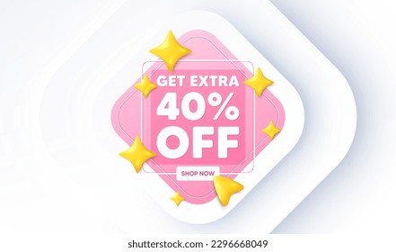 Sichern Sie sich zusätzliche 40 % Rabatt auf den Verkauf. Neumorpher Werbebanner. Preisschild des Rabatts. Sonderangebot-Symbol. Sparen Sie 40 Prozentpunkte. Zusätzliche Diskontnachricht. 3D-Sterne mit Zeiger. Vektorgrafik