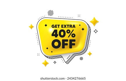 Get Extra 40 percent off Sale. Chat speech bubble 3d icon. Discount offer price sign. Special offer symbol. Save 40 percentages. Extra discount chat message. Speech bubble banner with stripes. Vector