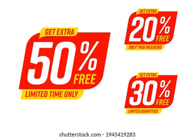 Get extra 50, 30, 20 percent free discount only on weekend. Limited time marketing promotion offer for cheap shopping, economic purchase sale label set vector illustration isolated on white background