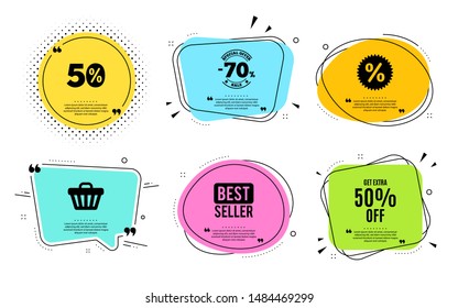 Consigue un 50% adicional de descuento en la venta. Mejor vendedor, texto de cotización. Indicador de precio de oferta de descuento. Símbolo de oferta especial. Ahorre 50 porcentajes. Burbuja de citas. Banner badge, mensajes de texto cuadros de comillas. Texto extra de descuento. Vector