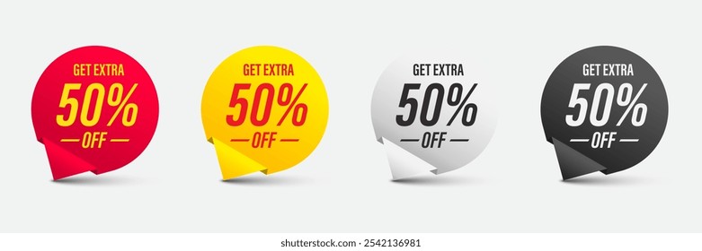 Obtenga un 50% de descuento adicional en la señal de venta. Insignia de promoción. Muestra de Precio de oferta de descuento. Mensaje de descuento extra. Etiqueta promocional para compras, marketing, publicidad, Anuncio y Web. Ilustración vectorial.