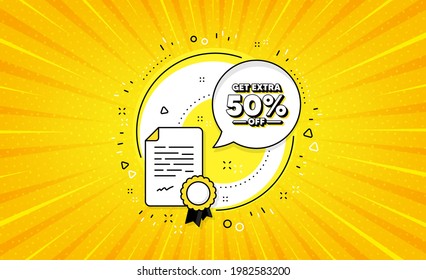 Get Extra 50 percent off Sale. Yellow vector button with certificate. Discount offer price sign. Special offer symbol. Save 50 percentages. Extra discount line icon. Abstract yellow background. Vector