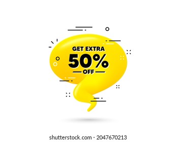 Sichern Sie sich 50 % Rabatt auf den Verkauf. Gelbe 3D-Chat-Blase. Preisschild des Rabatts. Sonderangebot-Symbol. Sparen Sie 50 %. Extra Rabatt minimaler Talkballon. 3D-Dialogblase mit Nachricht. Vektorgrafik